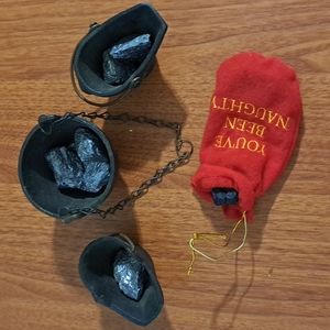 Vintage iron cauldron, 2 coal bins, coal, you've been naught bag & 2 pcs of coal
